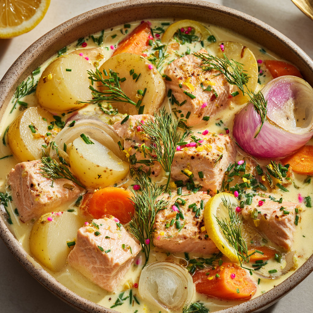 Saumon tendre mijoté avec légumes dans une sauce crémeuse façon blanquette.