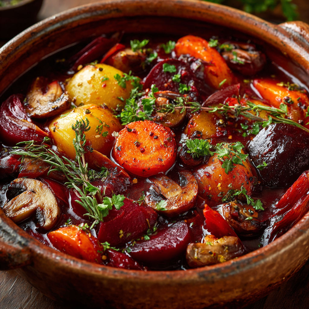 Mijoté végétal d’hiver aux racines et vin rouge.