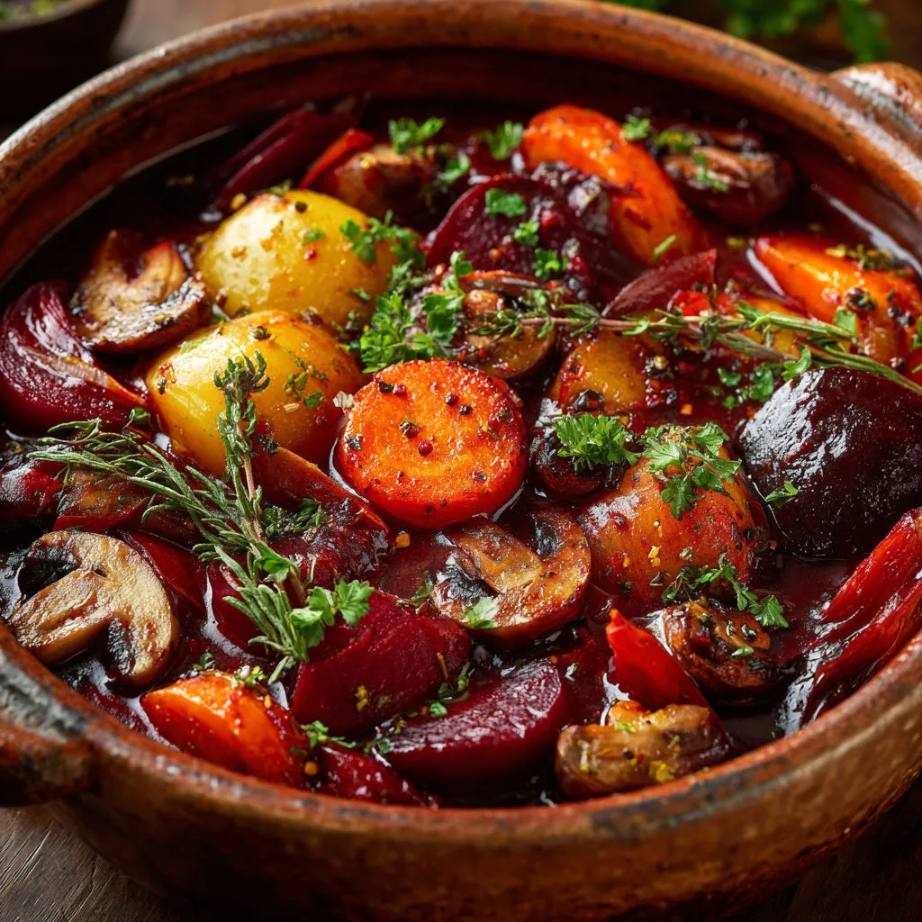 Mijoté végétal d’hiver aux racines et vin rouge.