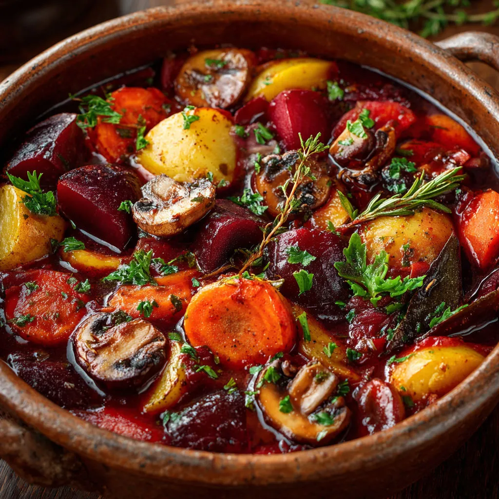 Cocotte tendre de légumes d’hiver, sauce généreuse aux herbes.