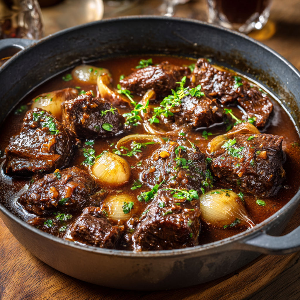 Une casserole réconfortante de bœuf mijoté à la bière, prête à être dégustée.