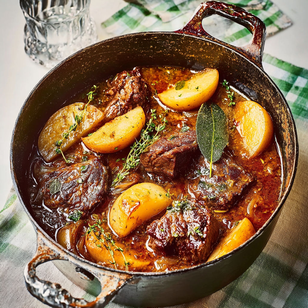Un délicieux mijoté de joue de boeuf aux pommes et cidre, agrémenté de pommes fraîches et d'herbes.