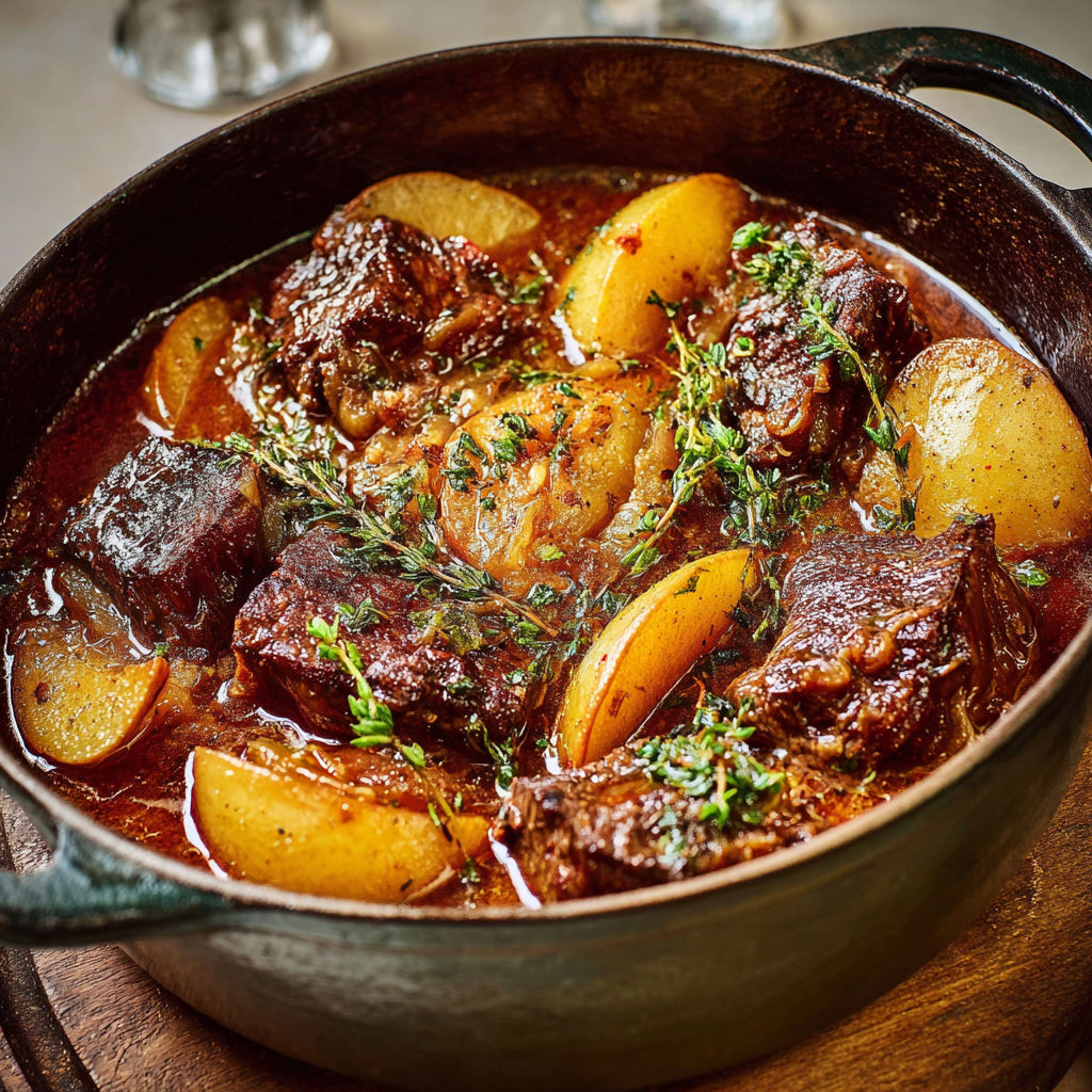 Grosse cocotte de joue de bœuf au cidre et pommes, dorée et tendre, nappée de sauce onctueuse.