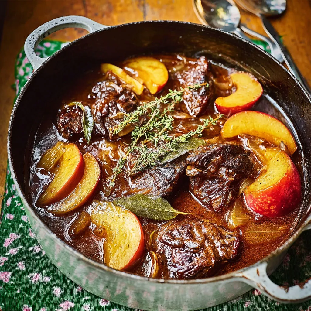 Cocotte de joue de bœuf mijotée aux pommes, bien fondante et pleine de goût.