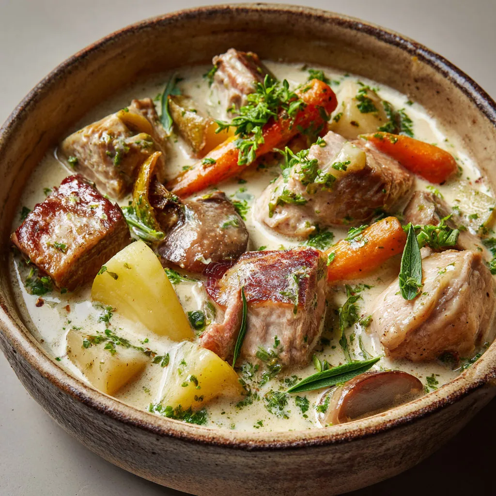 Morceaux tendres de veau et sauce mousseuse à la verveine fraîche citronnée.
