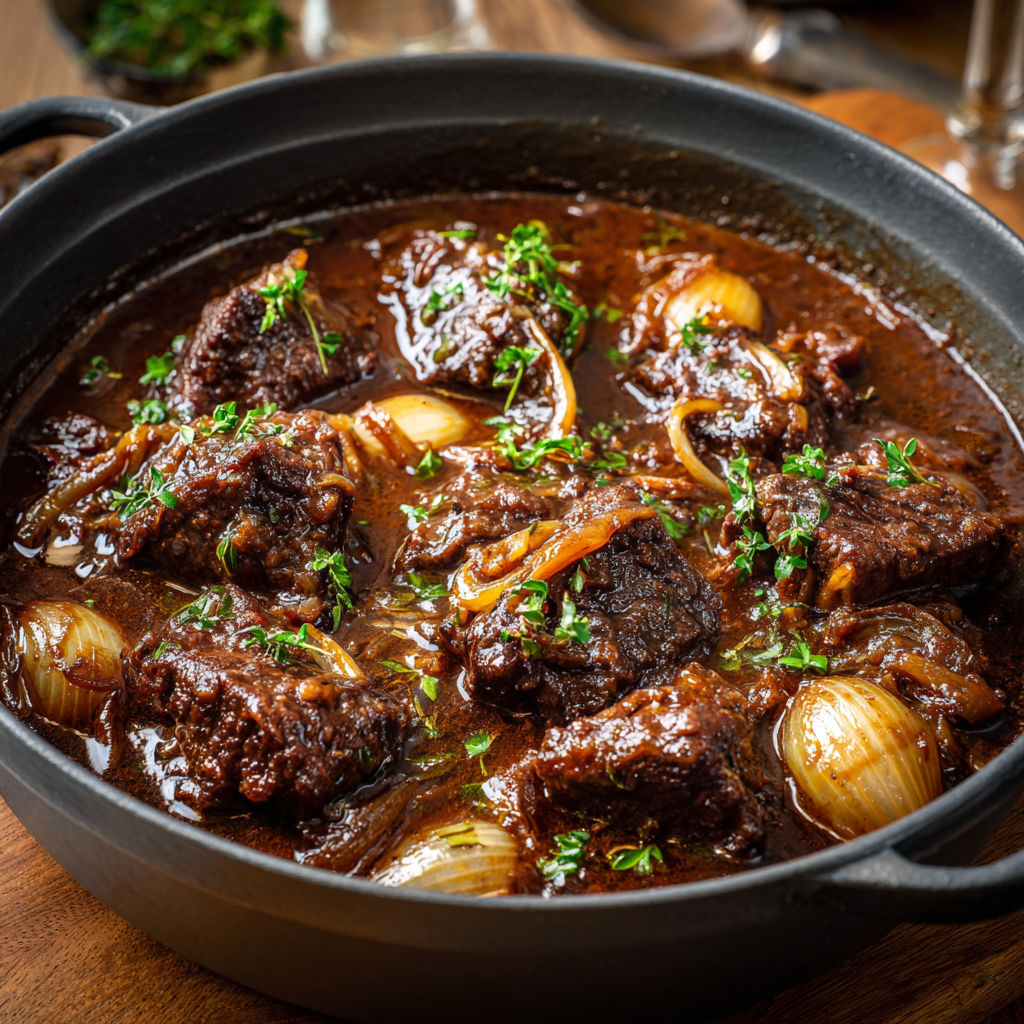 Plat de carbonnade flamande à la bière ambrée, bœuf ultra tendre cuit longtemps avec oignons et pain d’épices, sauce épaisse et légèrement sucrée.
