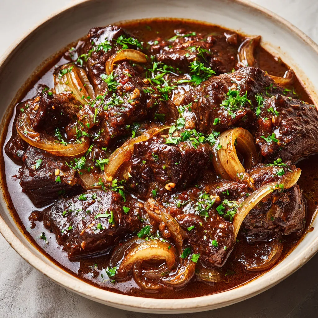 Bœuf ultra fondant à la bière ambrée, sauce gourmande aux oignons et épices, bien dorée.