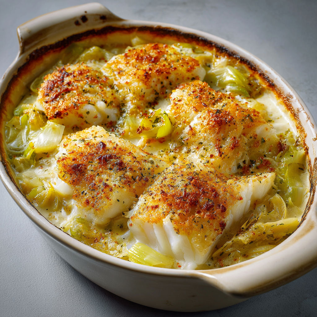 Un gratin au cabillaud et poireaux nappé de crème, présenté dans une jolie assiette.