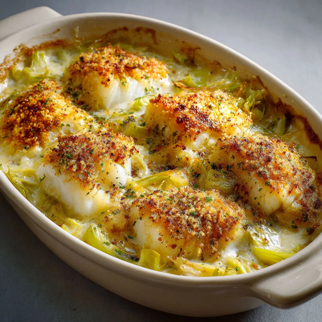 Cocotte avec cabillaud gratiné, poireaux fondants et fromage doré.