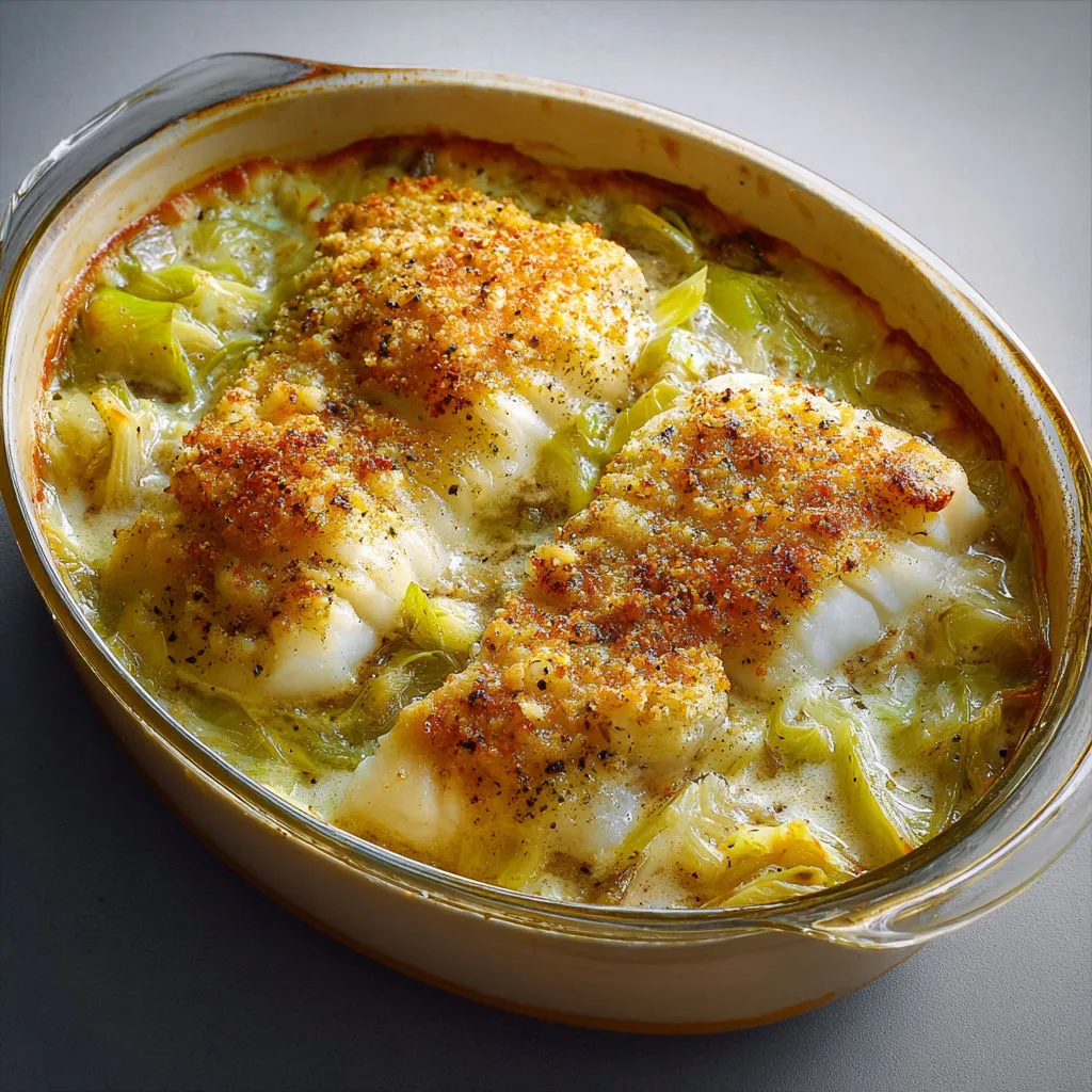 Gratin généreux de poisson blanc, poireaux moelleux et note de moutarde.