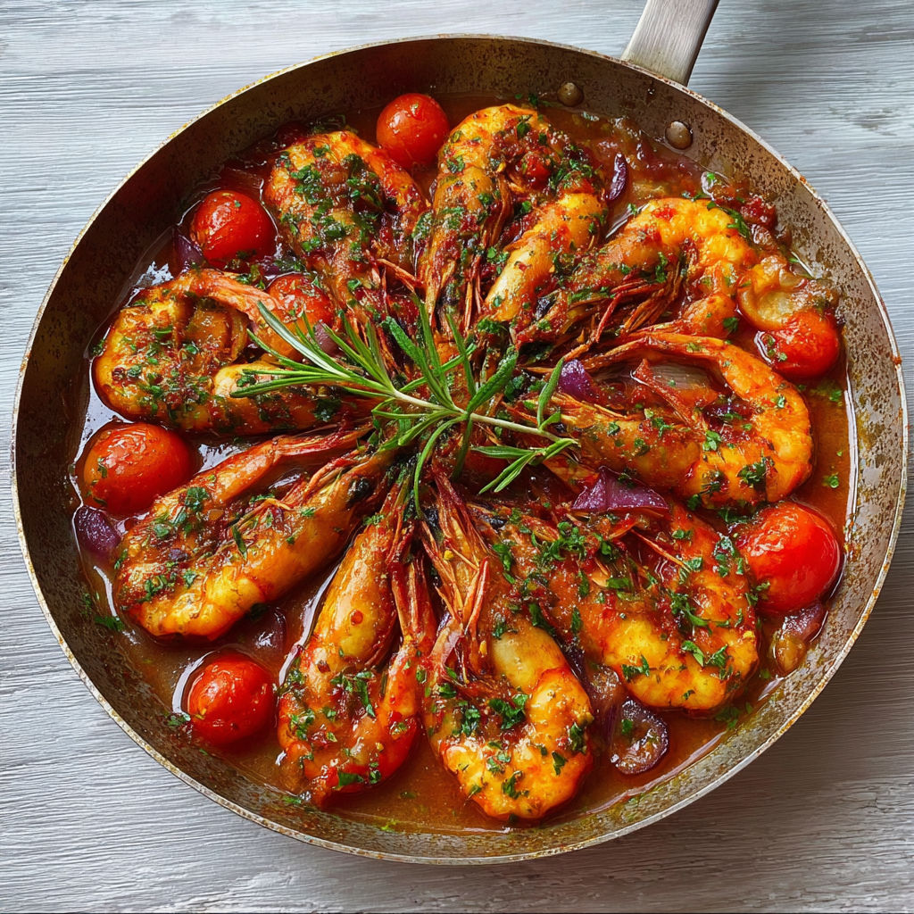 Gambas sautées à l’ail et tomates parfumées, pleines d’herbes fraîches.
