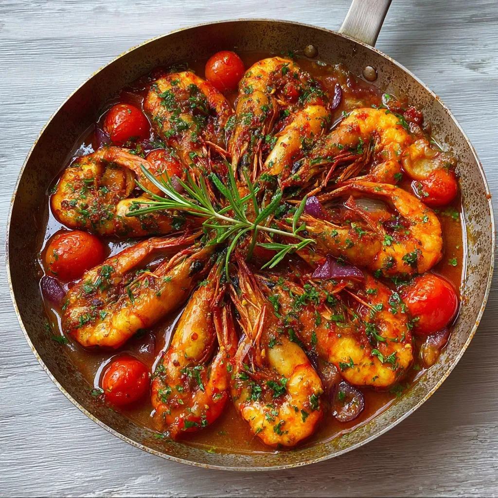 Gambas sautées à l’ail et tomates parfumées, pleines d’herbes fraîches.