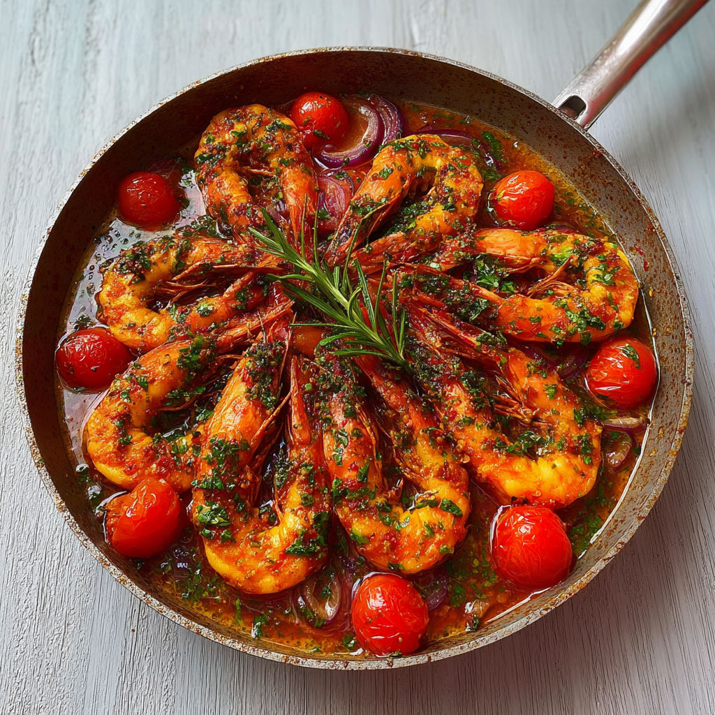 Poêlée gourmande de gambas, tomates juteuses, huile d’olive et herbes du Sud.