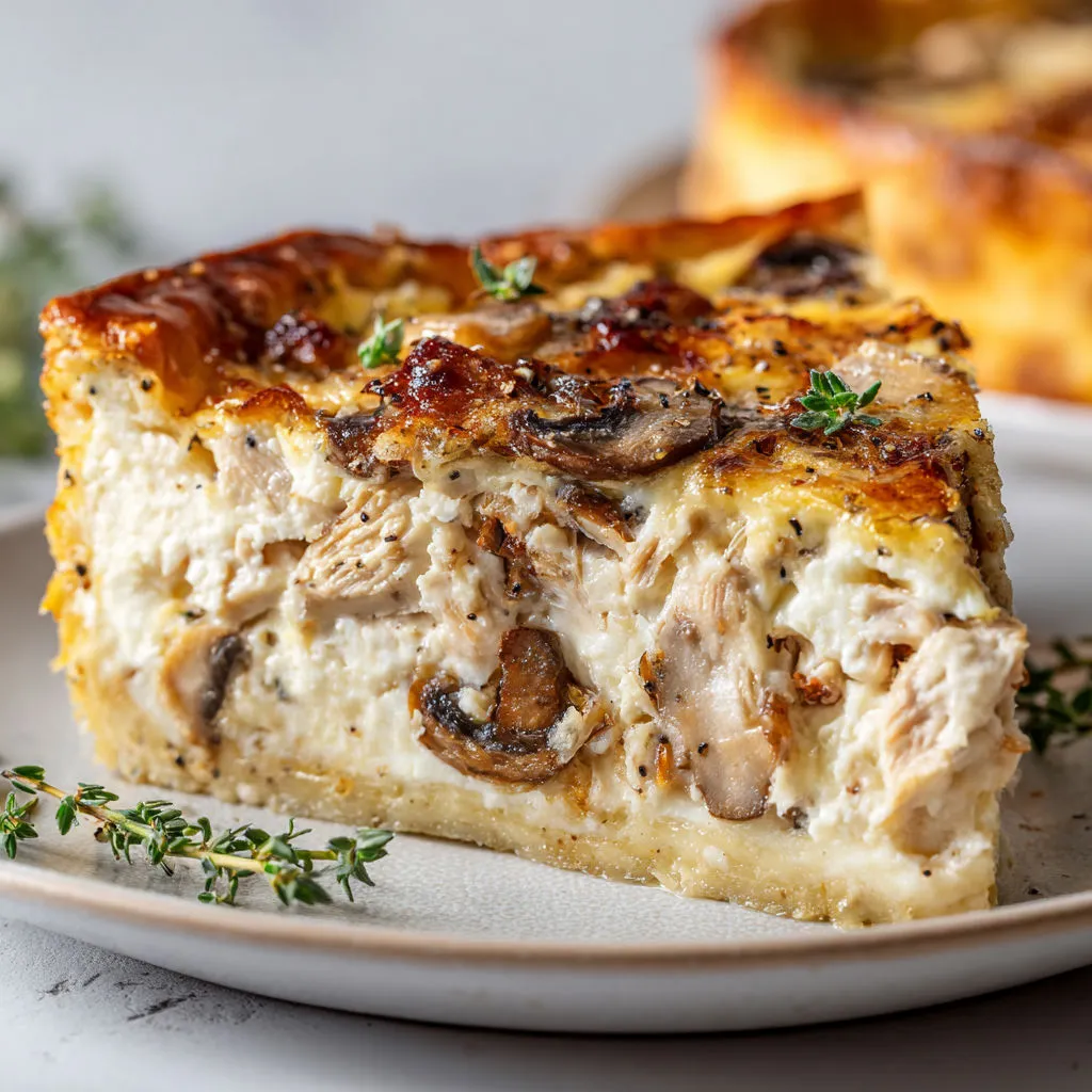 Plat salé ultra gourmand au thon, champignons et fromage doré.