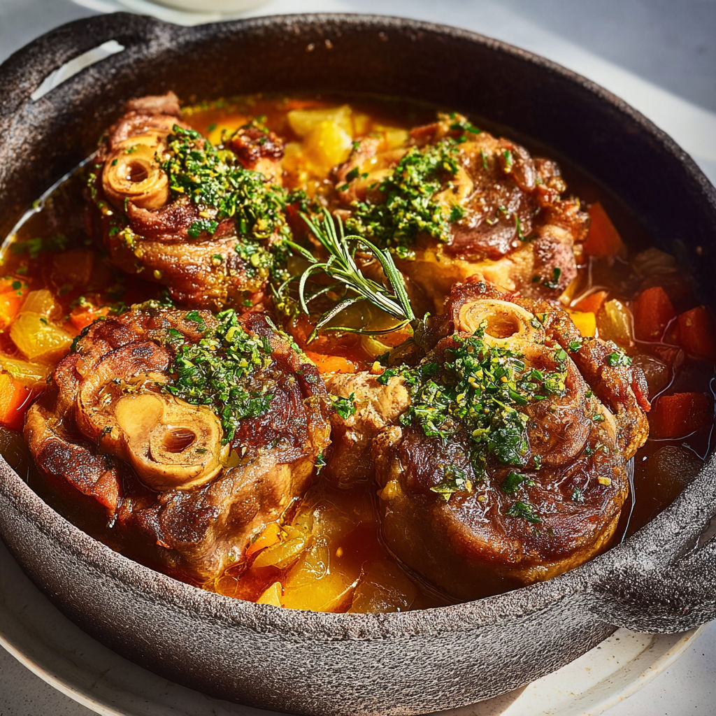 Osso-bucco tendre au vin blanc et gremolata d’agrumes.