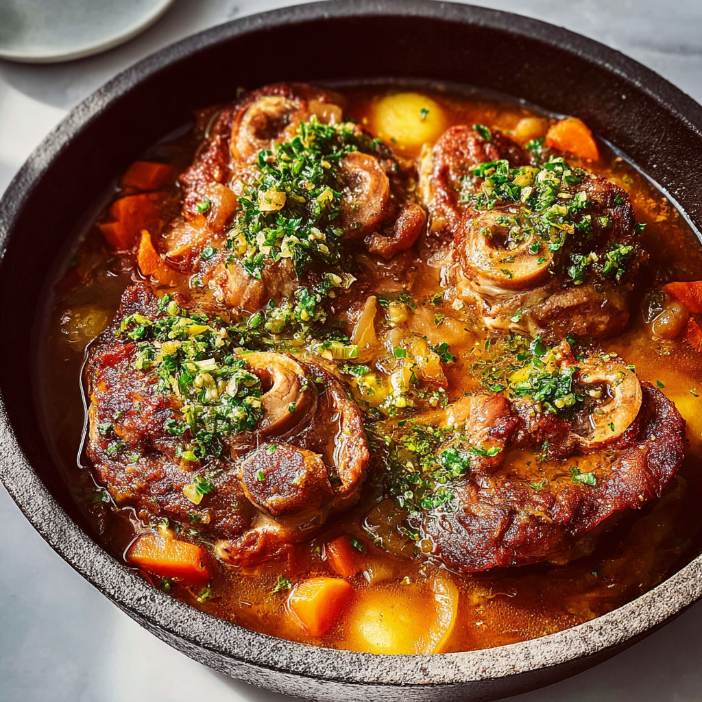 Osso-bucco traditionnel avec herbes fraîches et gremolata gingembre citron.