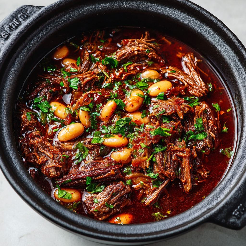 Un plat réconfortant de bœuf au vin rouge avec ses haricots blancs et épices.