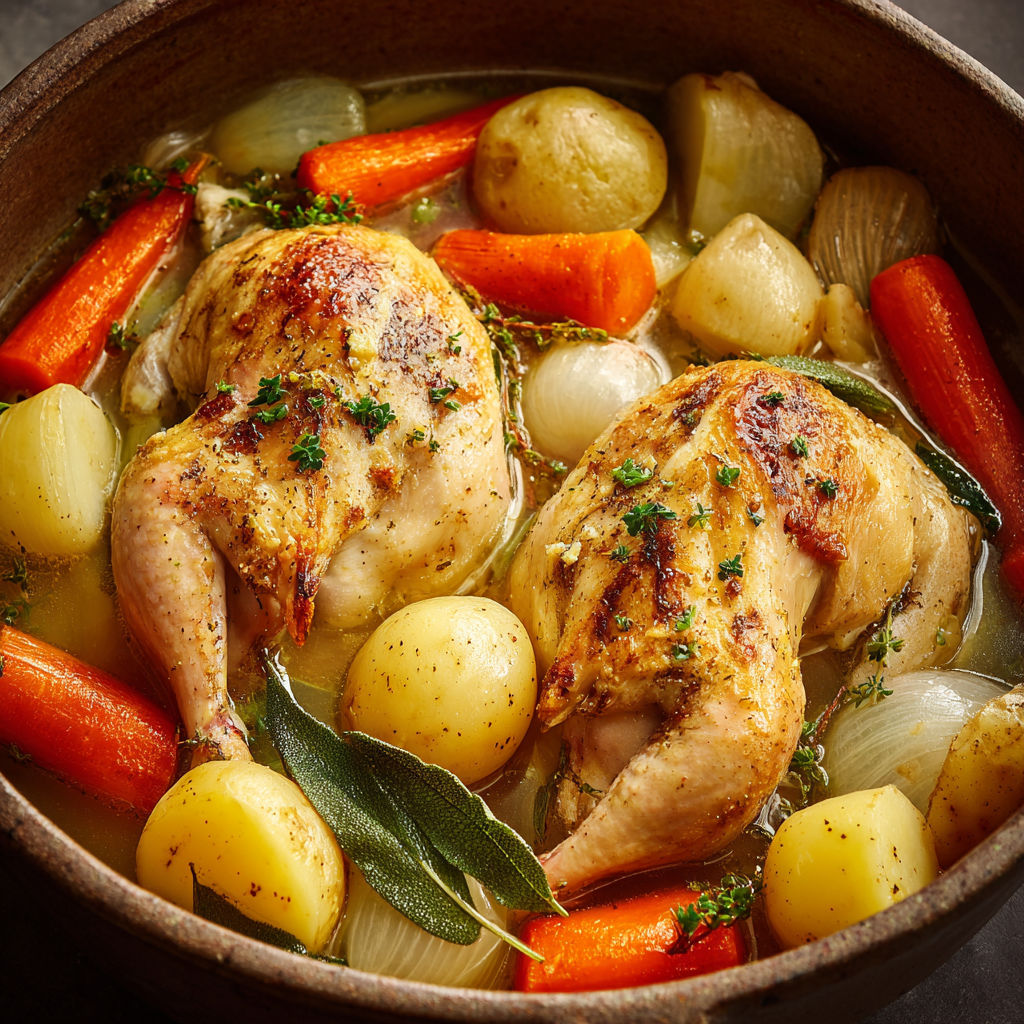 Coquelets mijotés dans un bouillon savoureux avec des légumes frais.
