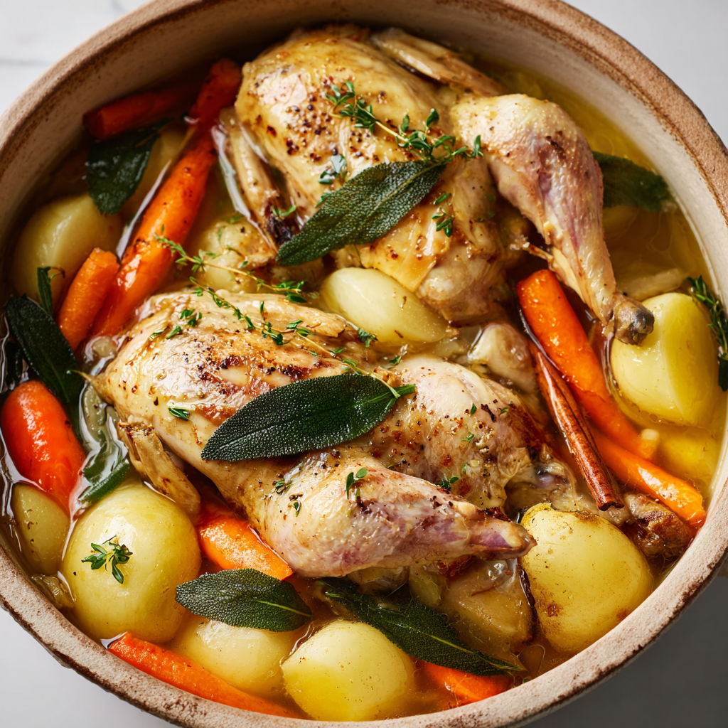 Coquelets tendres type pot-au-feu, avec légumes et bouillon qui sent trop bon.