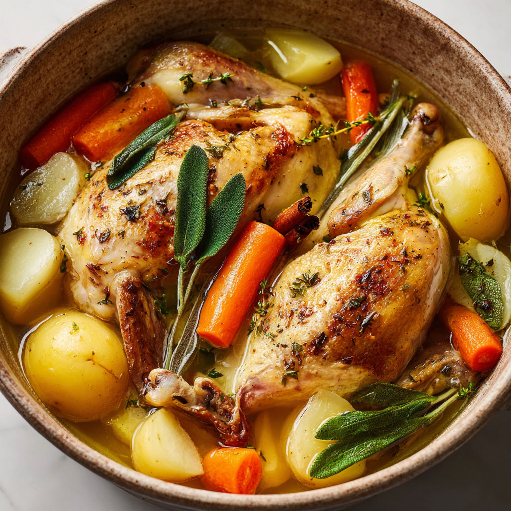Pot-au-feu avec coquelets, navets et rattes bien parfumés.