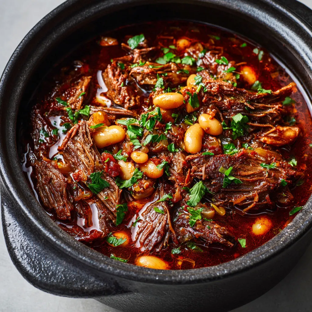 Bœuf mijoté au vin rouge, épices douces et haricots fondants.