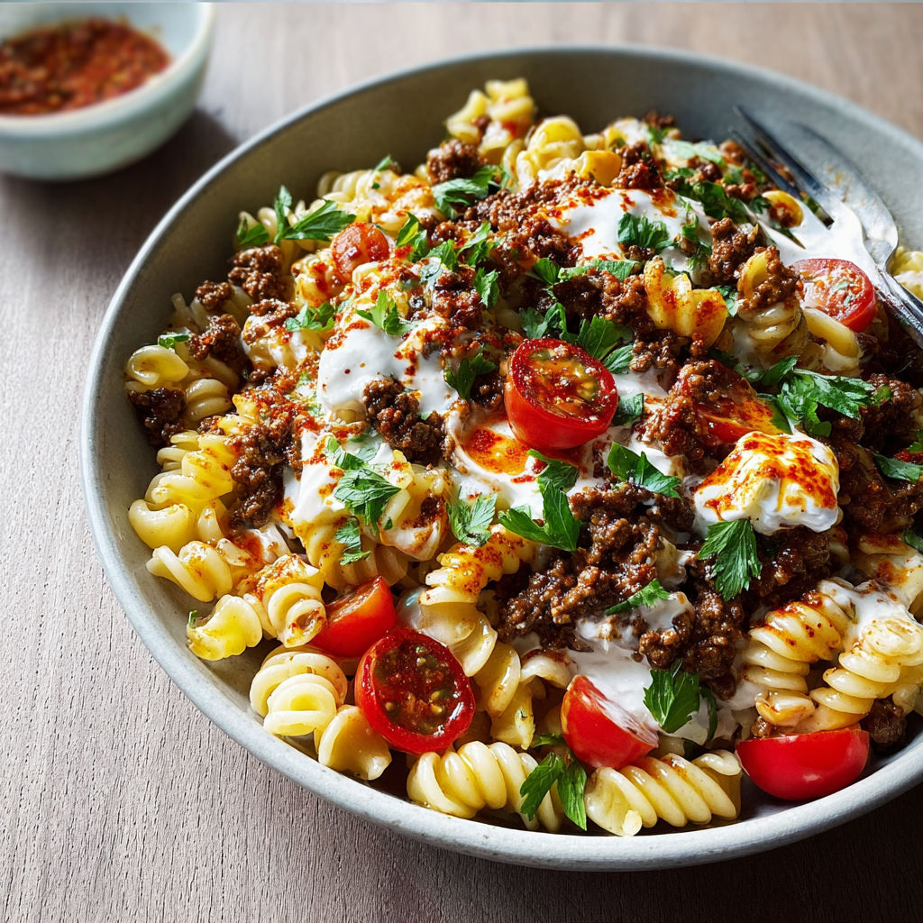 Une assiette gourmande de pâtes turques garnie de bœuf, tomates fraîches et herbes.