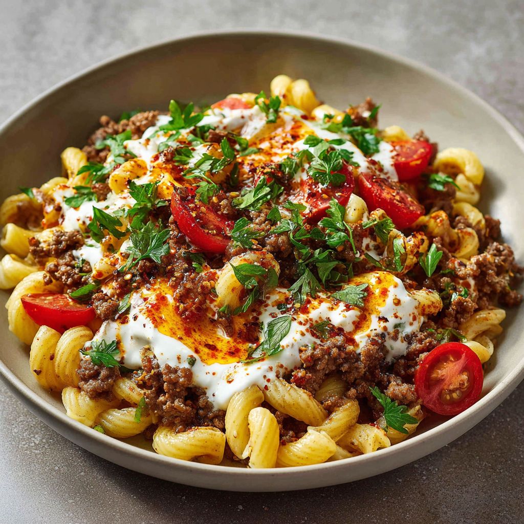 Pâtes du style turc, boeuf épicé, sauce au yaourt à l’ail et beurre au paprika.