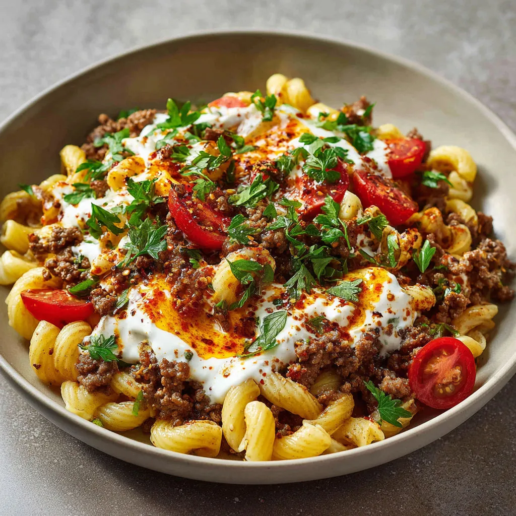 Pâtes du style turc, boeuf épicé, sauce au yaourt à l’ail et beurre au paprika.