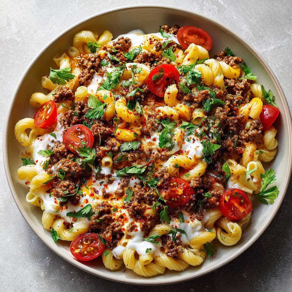 Pâtes façon Istanbul, viande dorée et sauce crémeuse au yaourt frais.