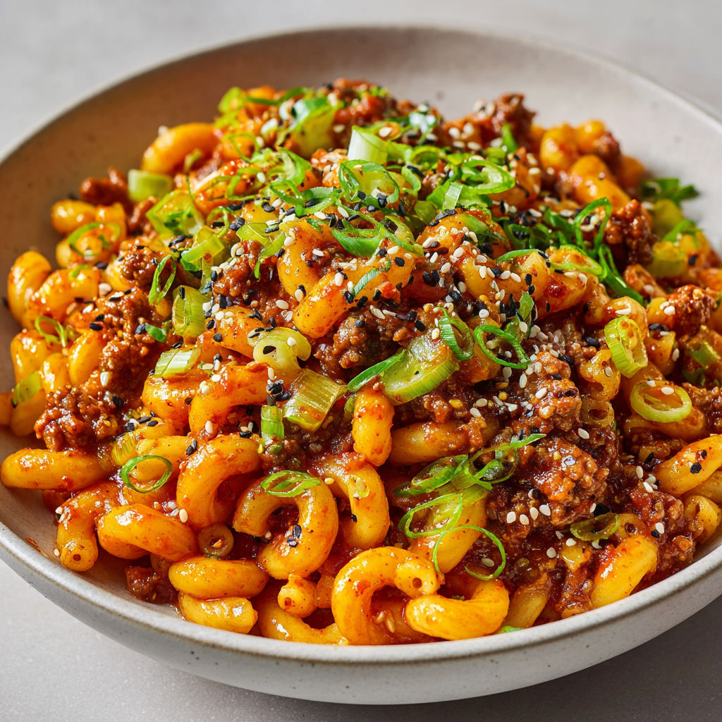 Une assiette de pâtes épicées au bœuf et gochujang, parsemées d’herbes vertes et de graines.