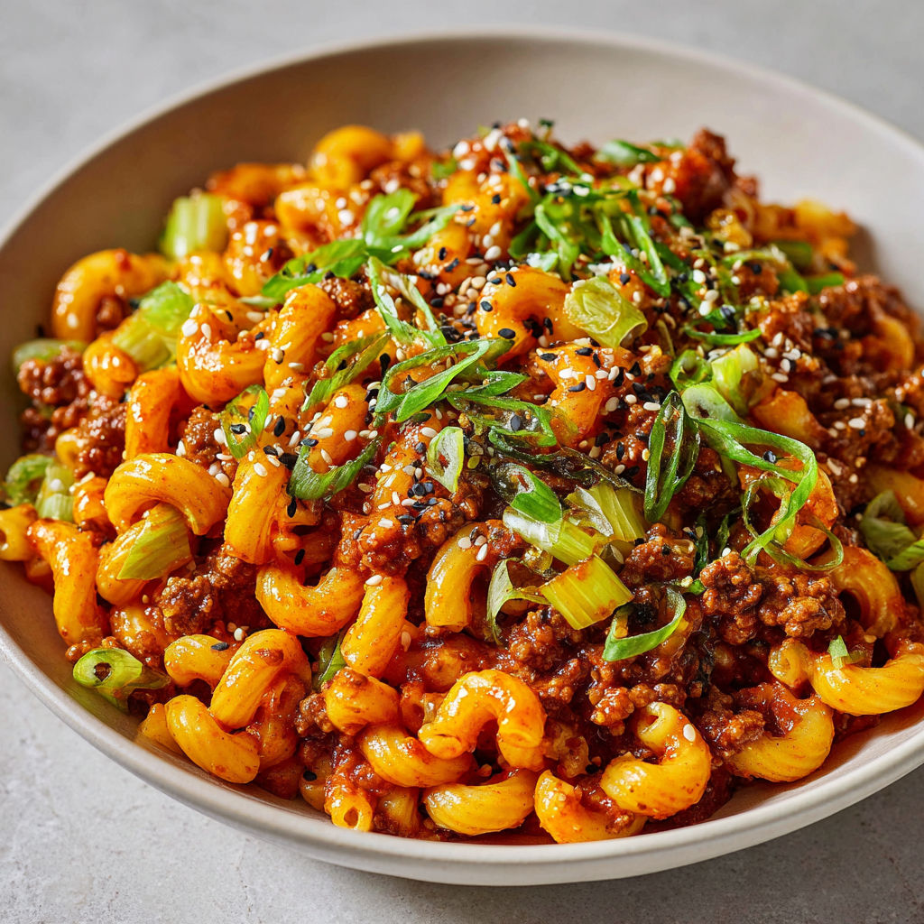 Macaronis au bœuf, gochujang bien relevé et sésame croustillant sur le dessus.