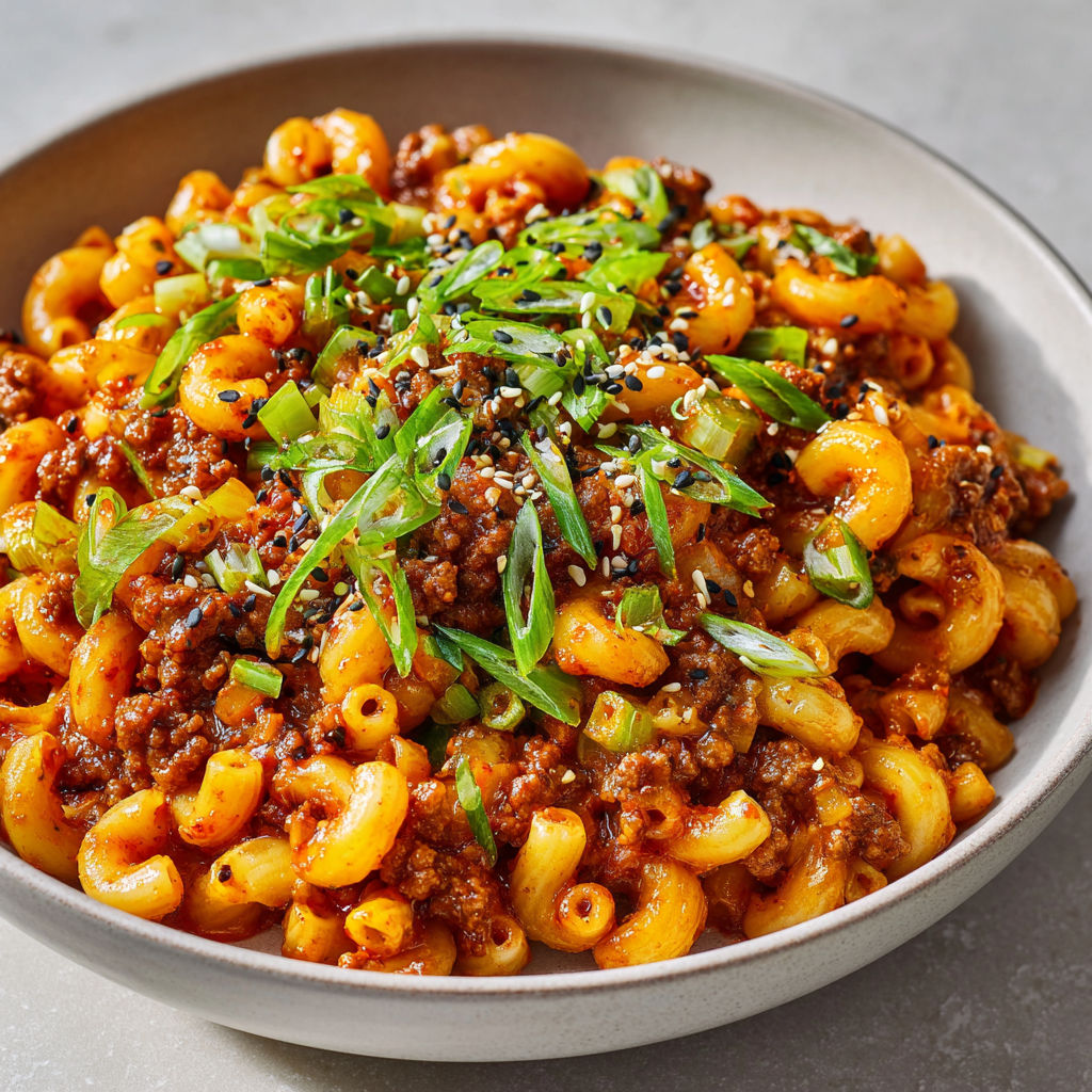 Macaronis fusion avec touche de piment fermenté, lime fraîche et oignons nouveaux pleins d’arômes.