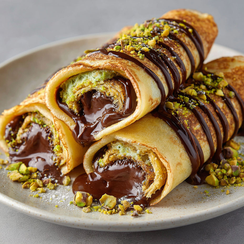 Crêpes roulées chocolat-pistache, cœur croustillant et ganache fondante.