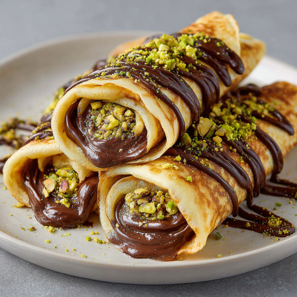 Crêpes roulées chocolat-pistache, ganache brillante et pistaches croustillantes.