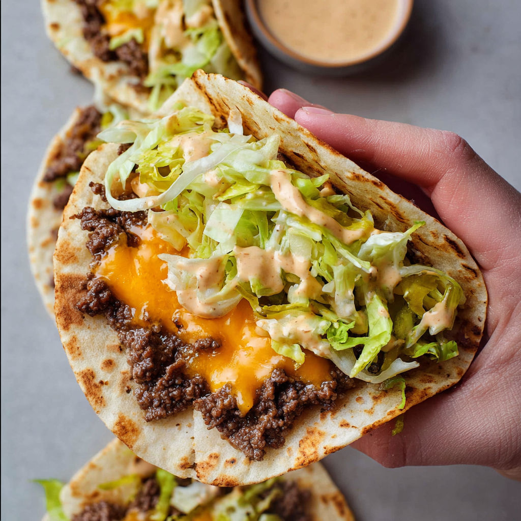 Tacos burger ultra croustillants avec bœuf savoureux et sauce onctueuse.