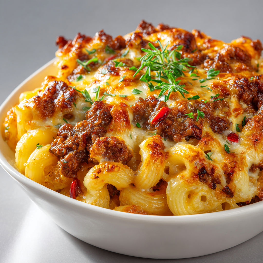 Un délicieux gratin de macaronis à la viande et fromage fondu.