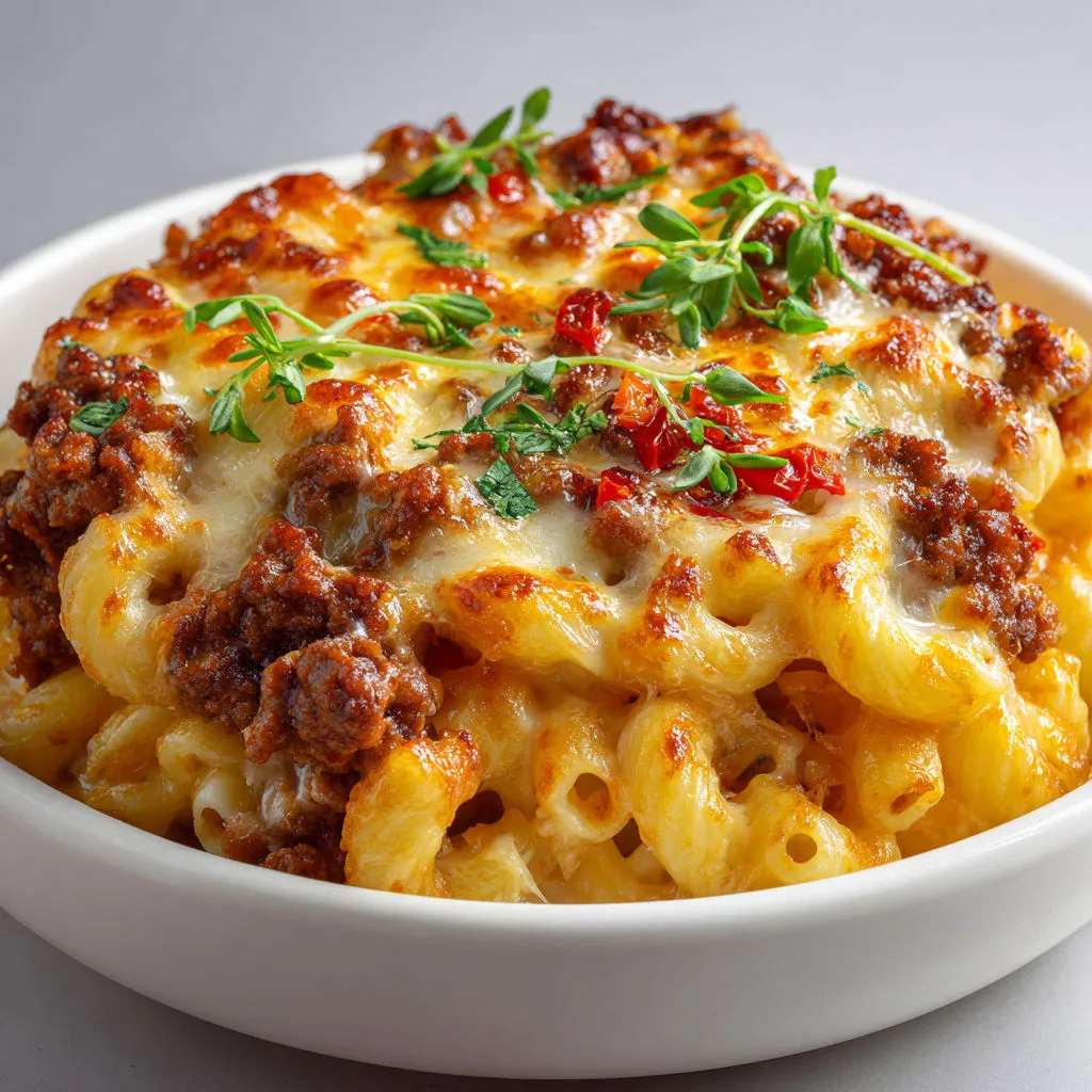 Plat de macaronis gratinés au bœuf et double fromage fondant.