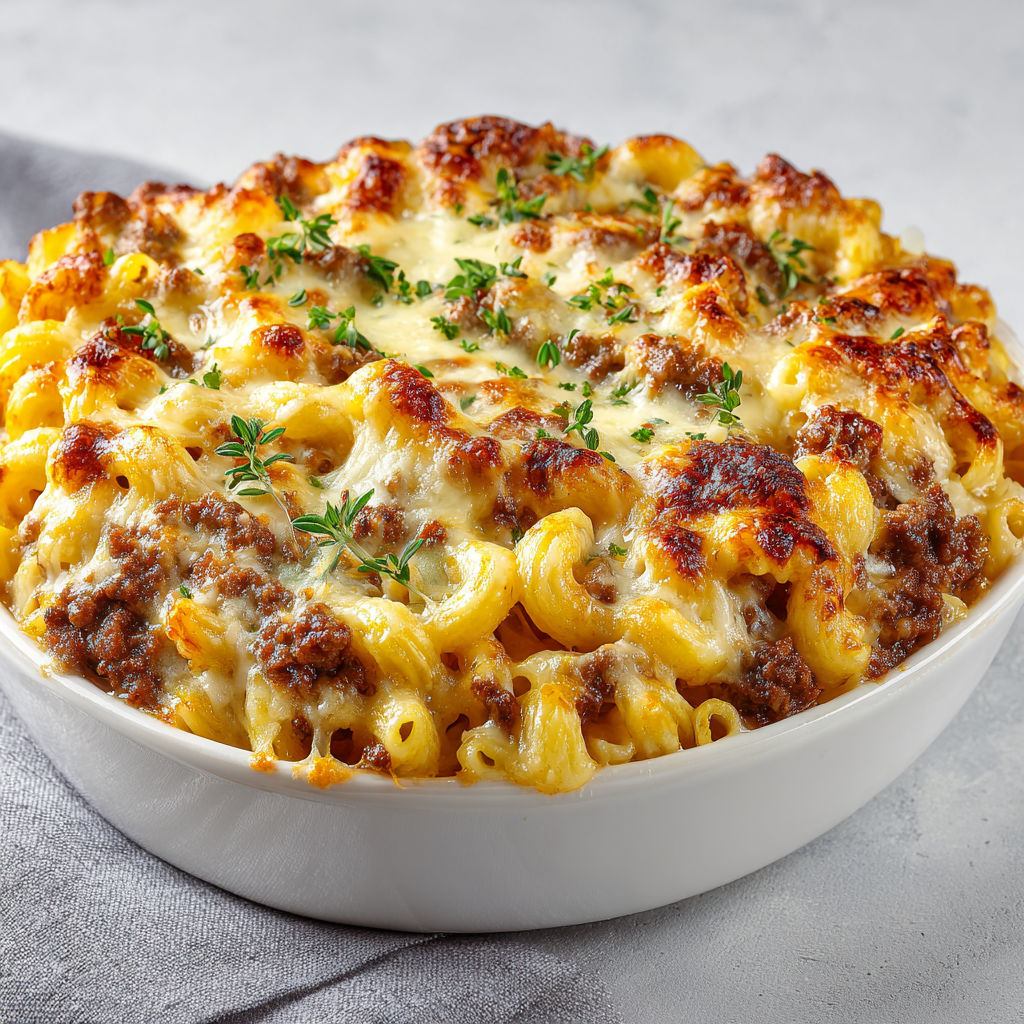 Gratin de macaronis à la viande avec cheddar et mozzarella dorés.