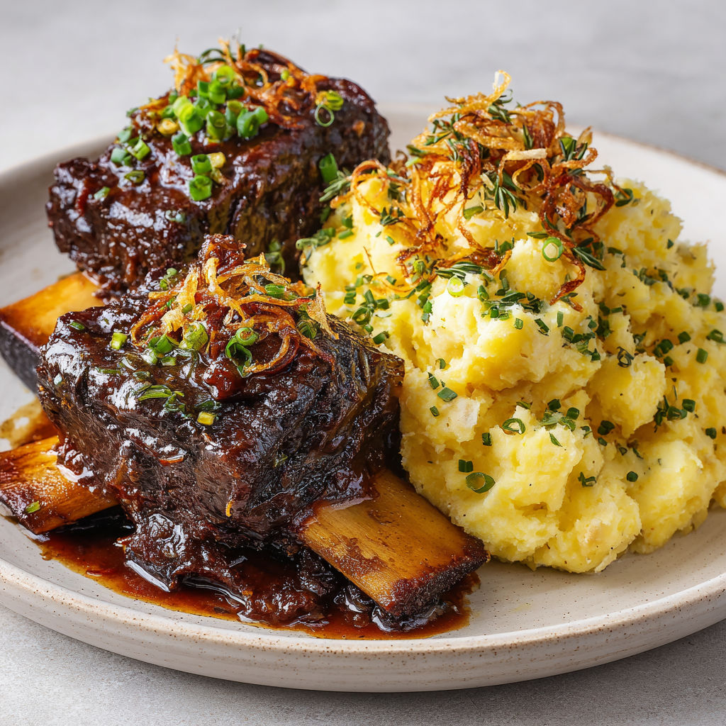 Un plat savoureux de bœuf mijoté avec purée crémeuse et garniture herbacée pour une touche conviviale.