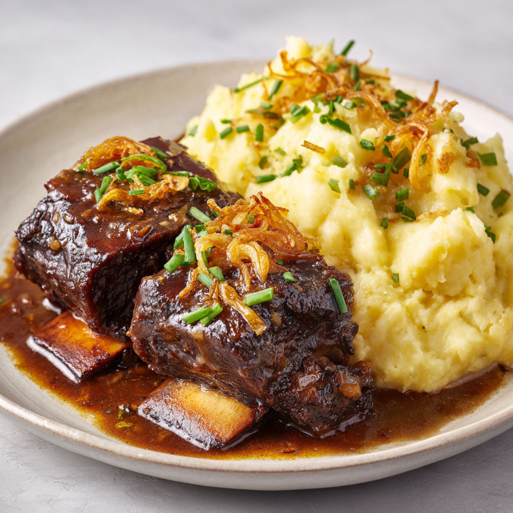 Bœuf fondant mijoté, hervé au balsamique, purée onctueuse et oignons verts.