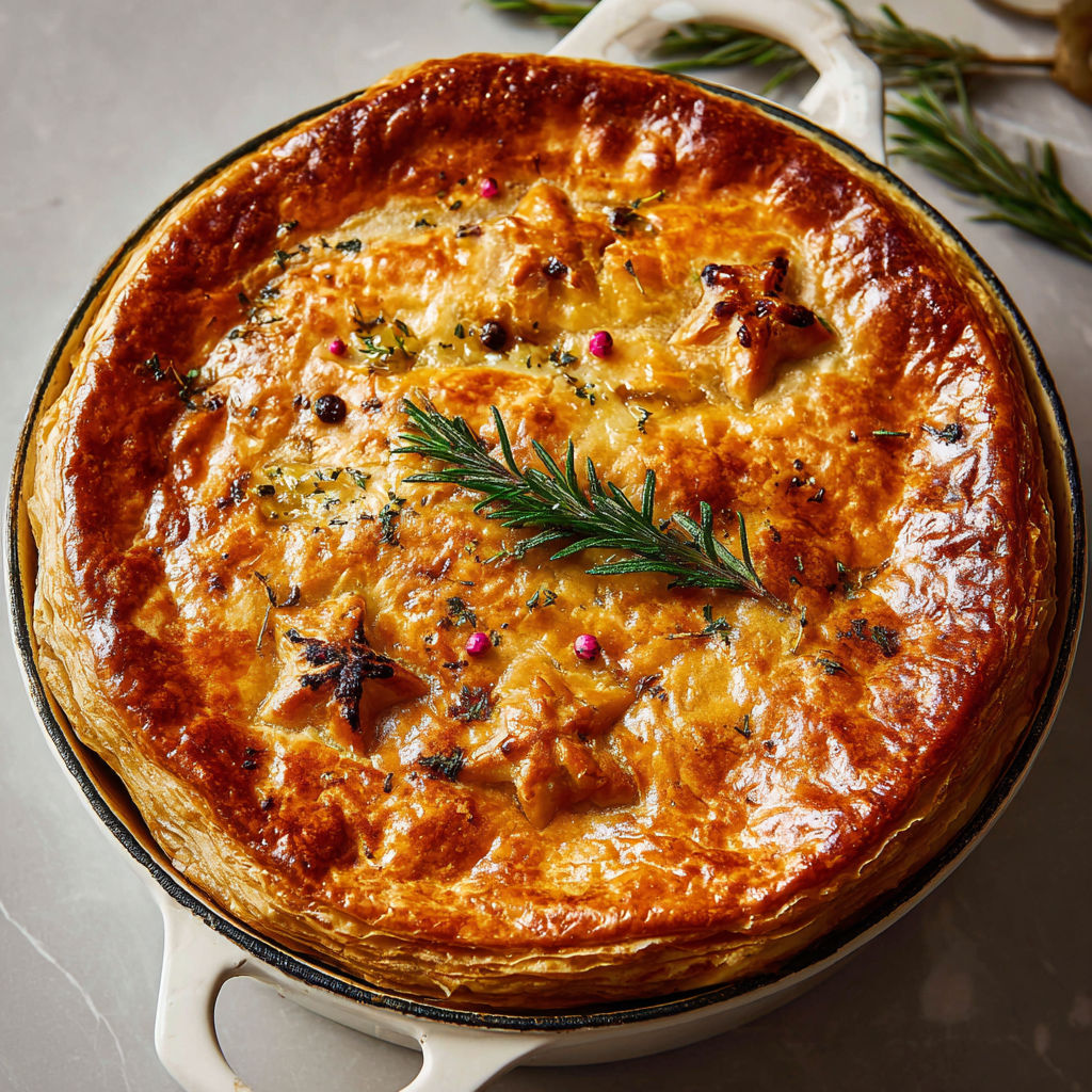 Boeuf braisé enveloppé de pâte dorée, sauce au vin rouge et champignons parfumés.