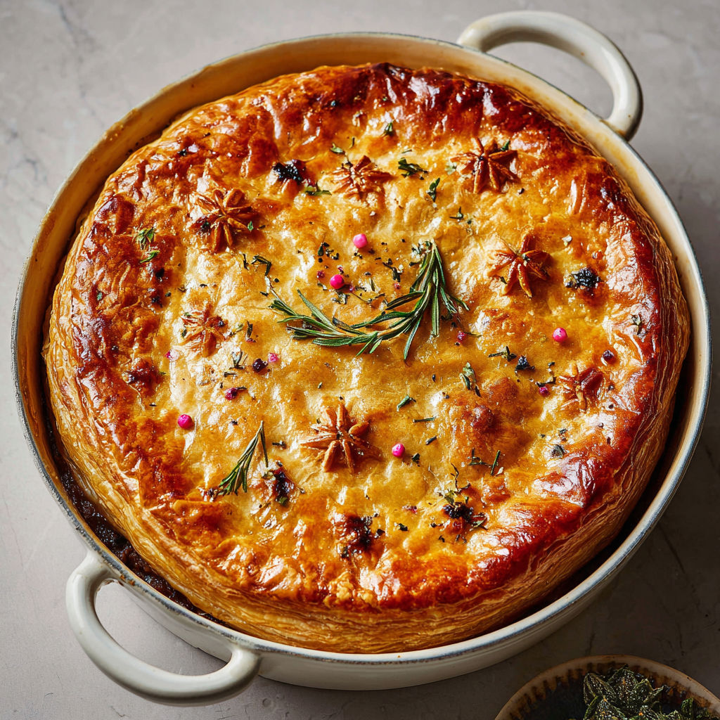 Grosse cocotte de boeuf ultra fondant en pâte dorée, cèpes et épices douces.