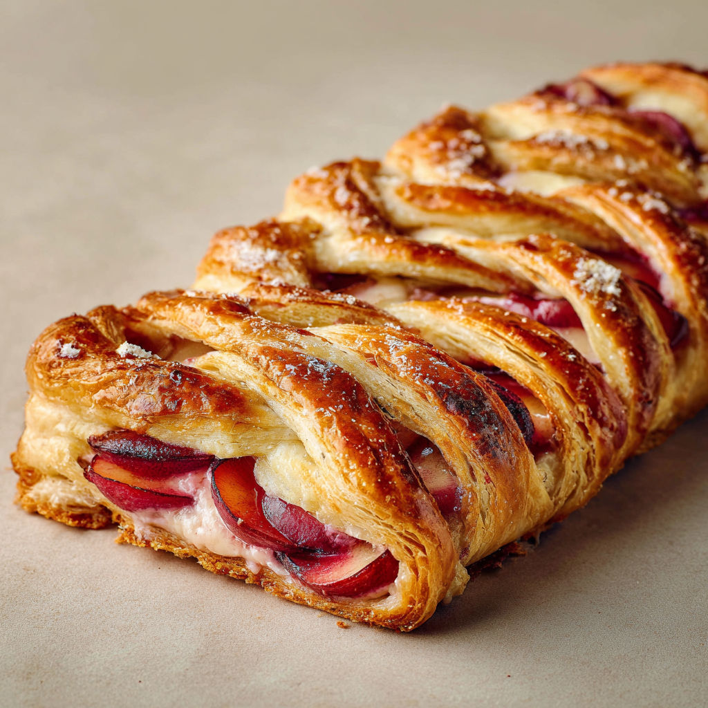 Tresse feuilletée aux prunes juteuses et fromage onctueux, capturée en photo.