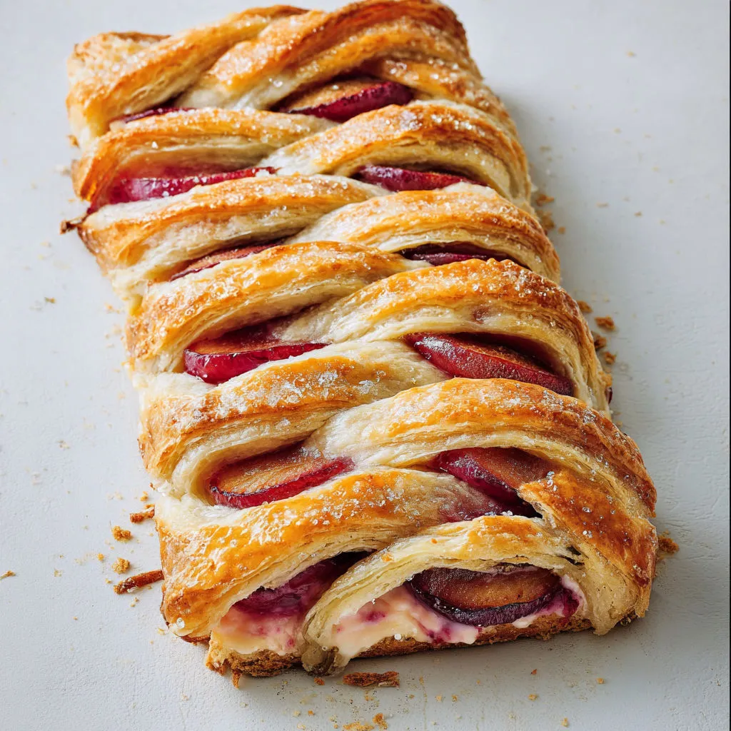 Tresse ultra fondante aux prunes, cœur crémeux et croûte dorée.