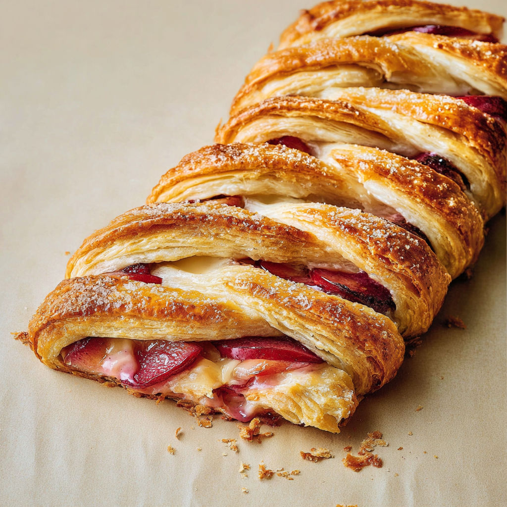 Tresse croustillante aux prunes fraîches et fromage frais sucré.