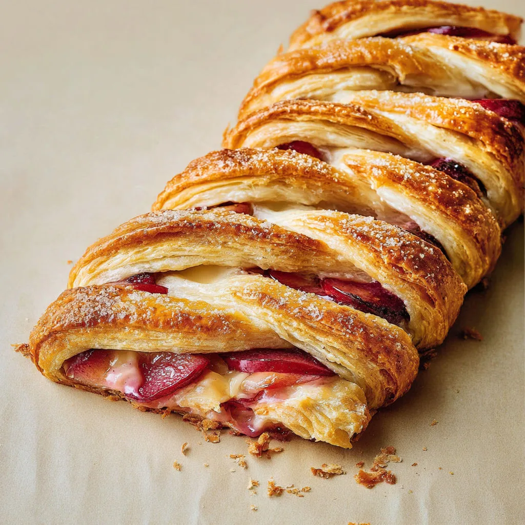 Tresse croustillante aux prunes fraîches et fromage frais sucré.