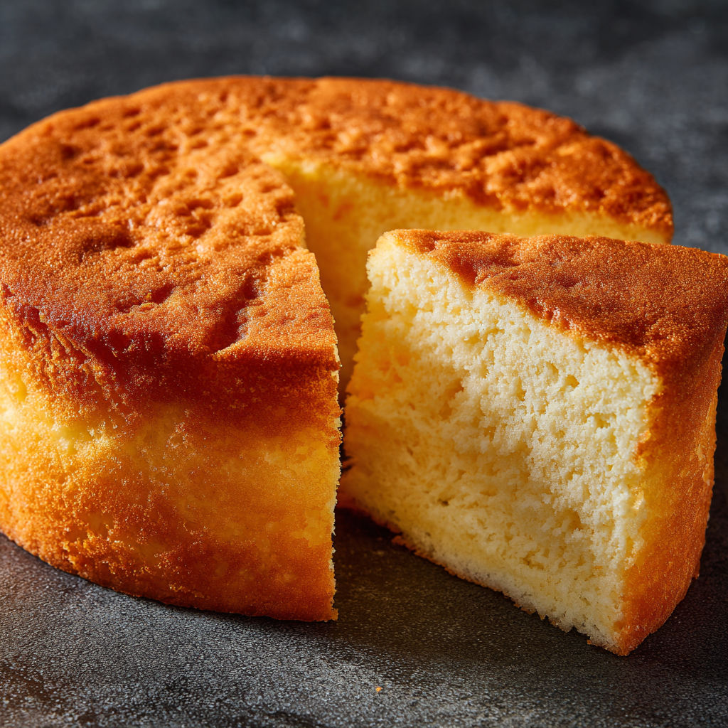Une part de gâteau rond, moelleux et doré, installée sur un plateau élégant.