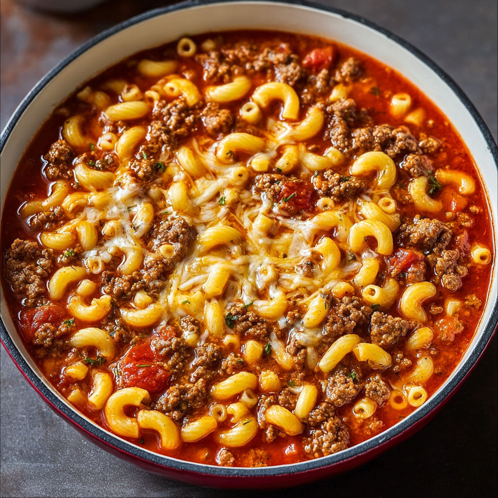 Un goulash américain onctueux avec des pâtes et une sauce tomate parfumée.