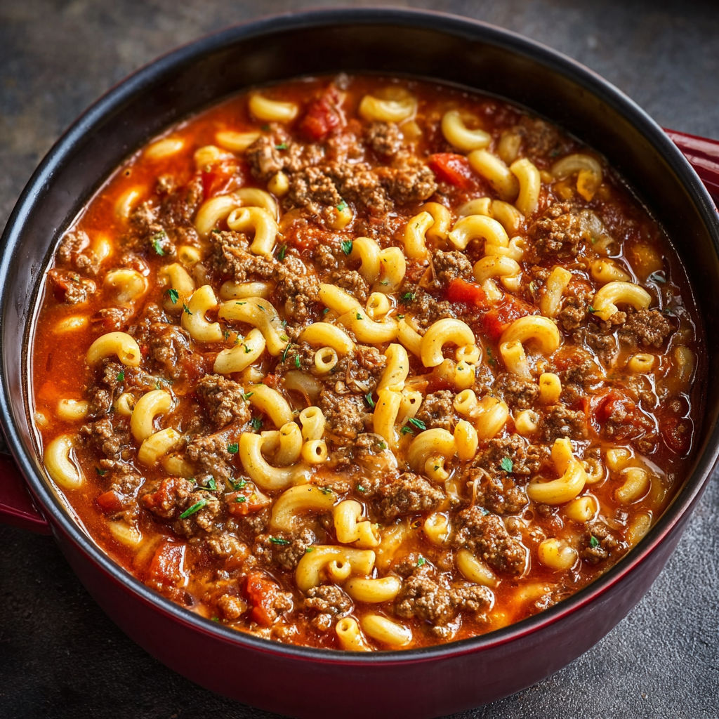 Délicieux Goulash américain, bœuf, pâtes et fromage ultra fondant.
