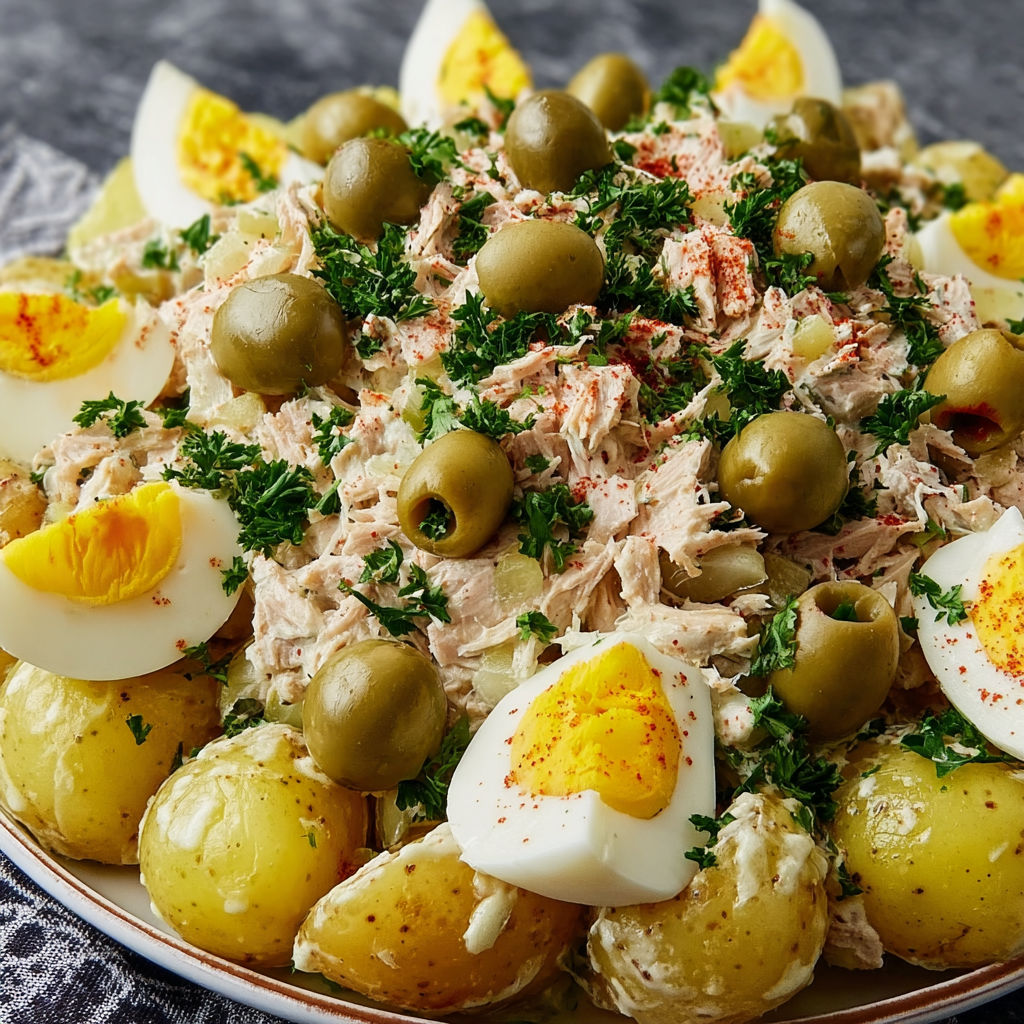 Plat frais de thon, pommes de terre, œufs et olives préparé avec soin.
